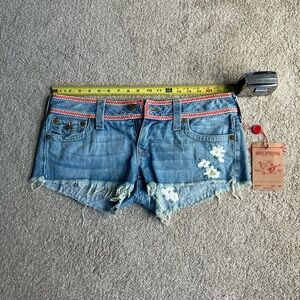 True Religion Light Blue Denim Cutoff Shorts with Floral Embroidery